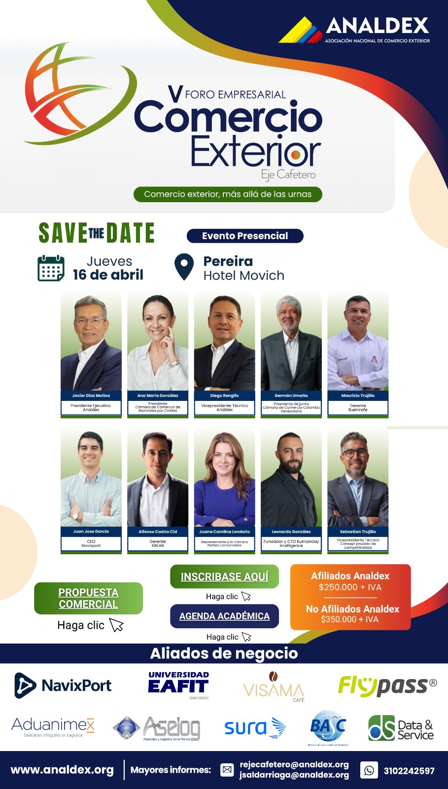 Afiche del V Foro Empresarial de Comercio Exterior del Eje Cafetero con la agenda y panelistas